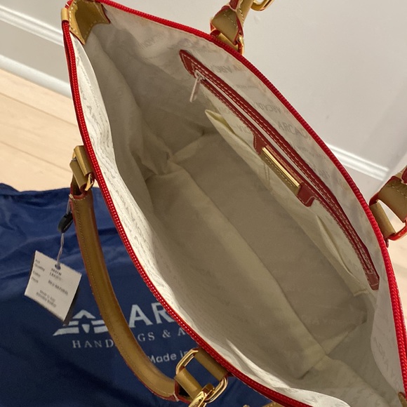 Arcadia red tan trim satchel shoulder bag - Picture 13 of 14